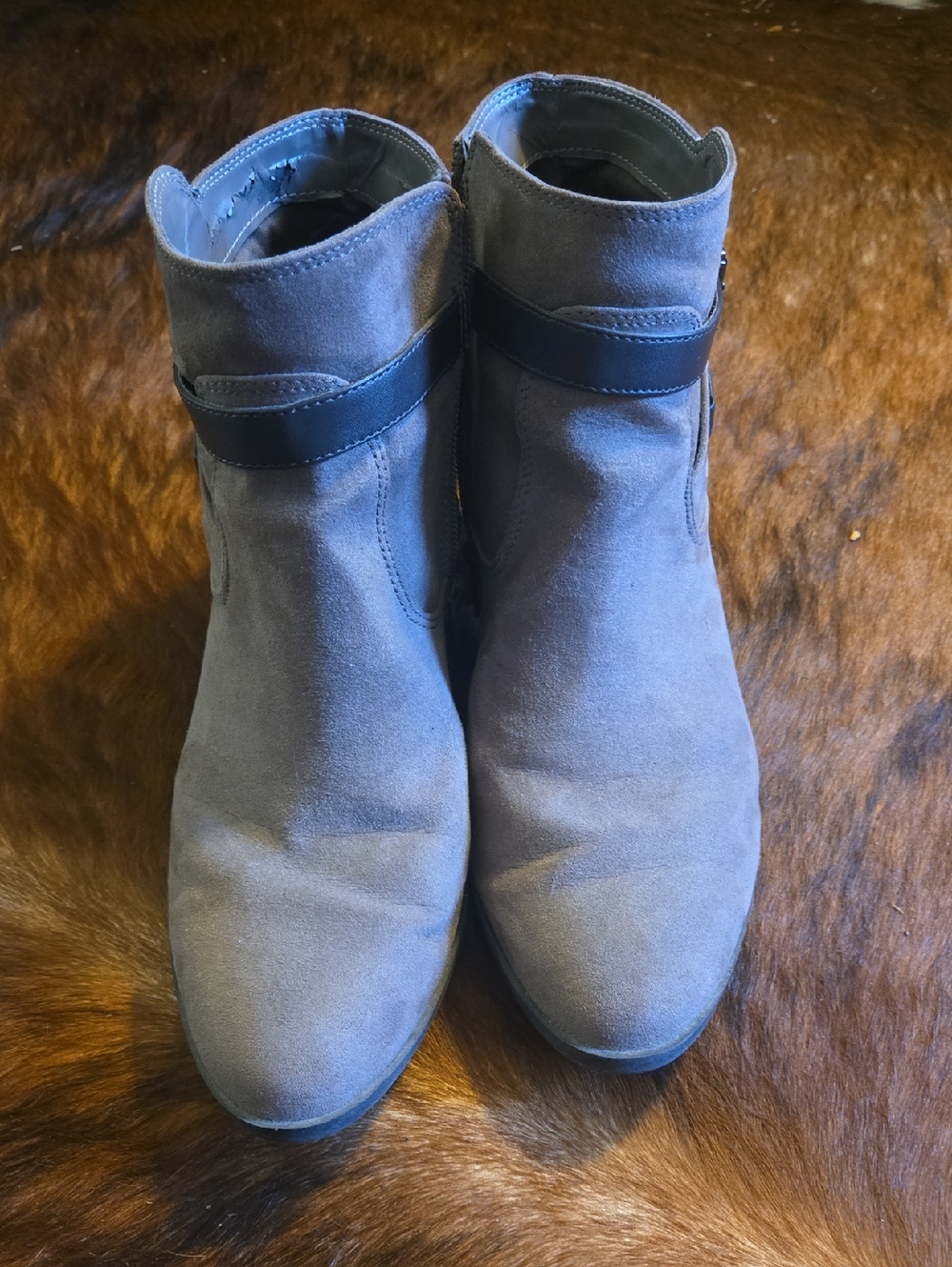 Unisa Gray Suede Ankle Boots with Strap Accent